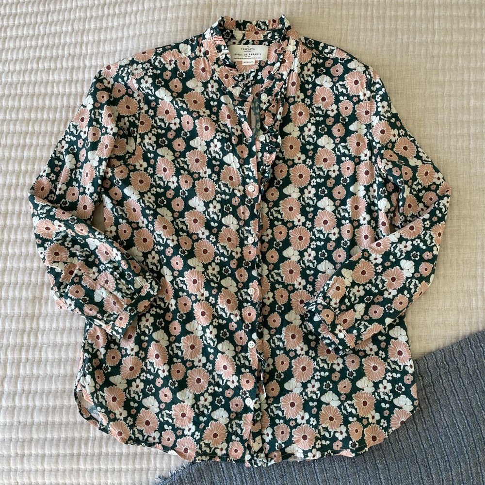 Trovata Green Button-Up Blouse with Pink Floral Print